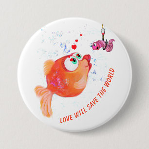 Funny Fish and Worm Love Romantic Cartoon Drawing  7.5 Cm Round Badge