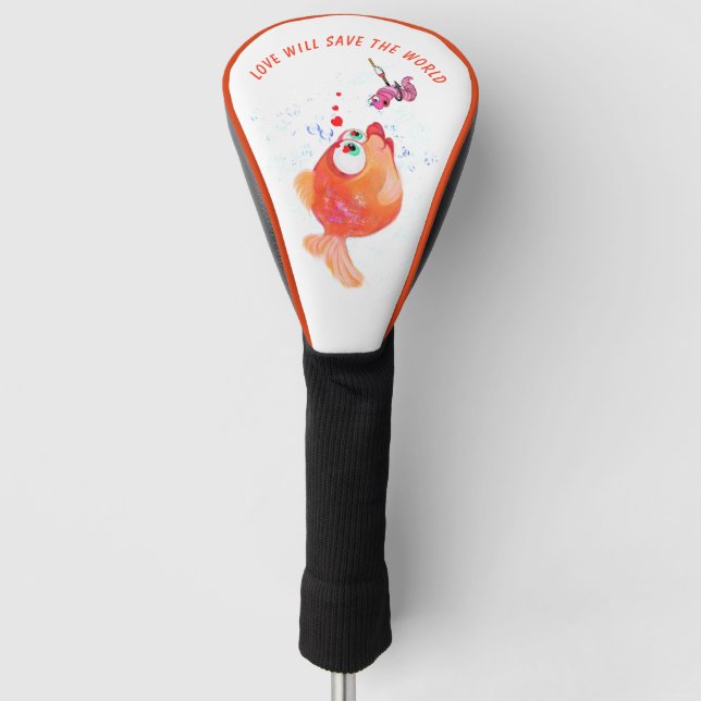 Funny Fish and Worm Love Romantic Cartoon Drawing  Golf Head Cover (Front)