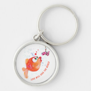 Funny Fish and Worm Love Romantic Cartoon Drawing  Key Ring