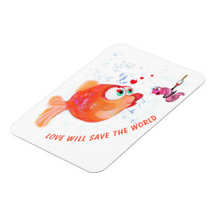 Funny Fish and Worm Love Romantic Cartoon Drawing Magnet
