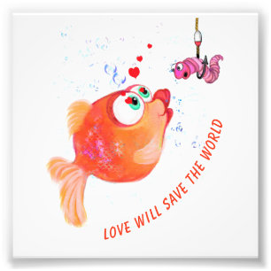 Funny Fish and Worm Love Romantic Cartoon Drawing  Photo Print