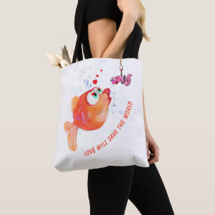 Funny Fish and Worm Love Romantic Cartoon Drawing  Tote Bag