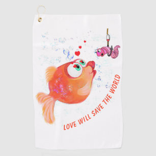 Funny Fish and Worm Love Romantic Golf Towel