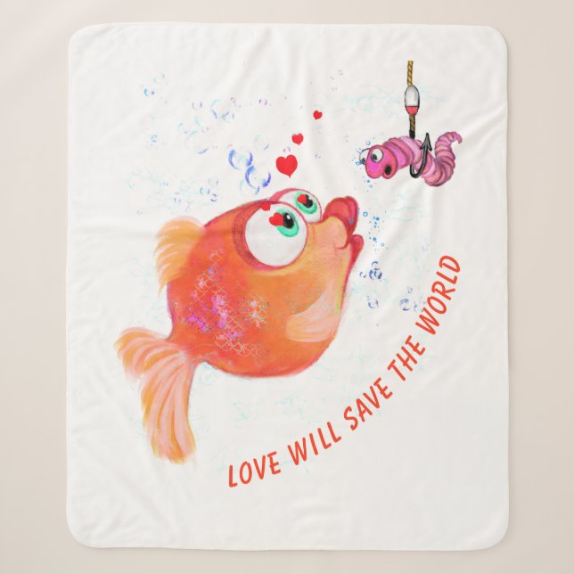 Funny Fish and Worm Love Sherpa Blanket Cartoon (Front)