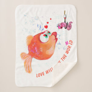 Funny Fish and Worm - Love Will Save The World Sherpa Blanket