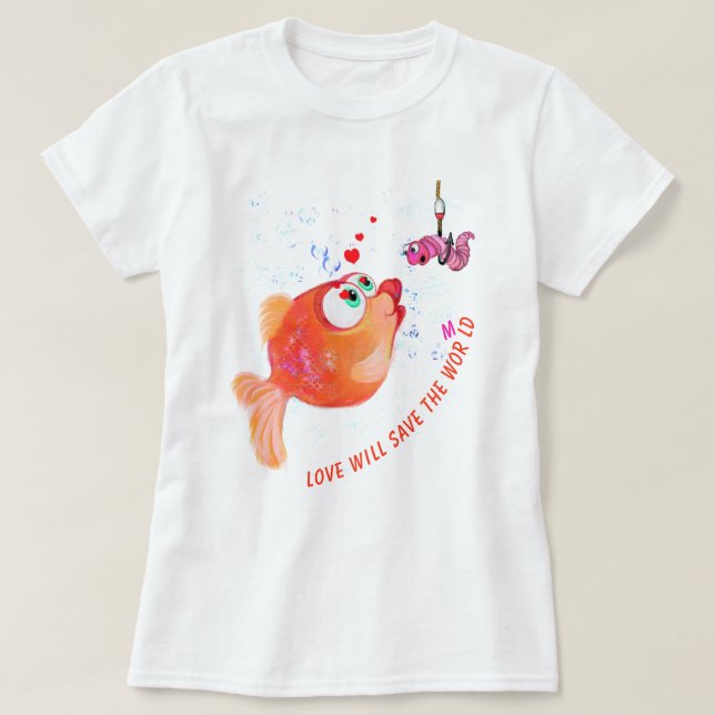 Funny Fish and Worm T-Shirt - Custom Text (Design Front)
