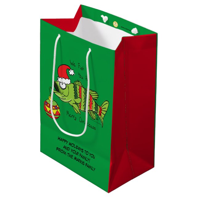 Funny Fish Christmas Bass Fishing Cute Cartoon Medium Gift Bag (Front Angled)