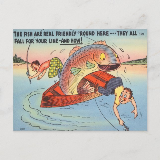 Funny Fish Fisherman Postcard Fishing Cartoon (Front)