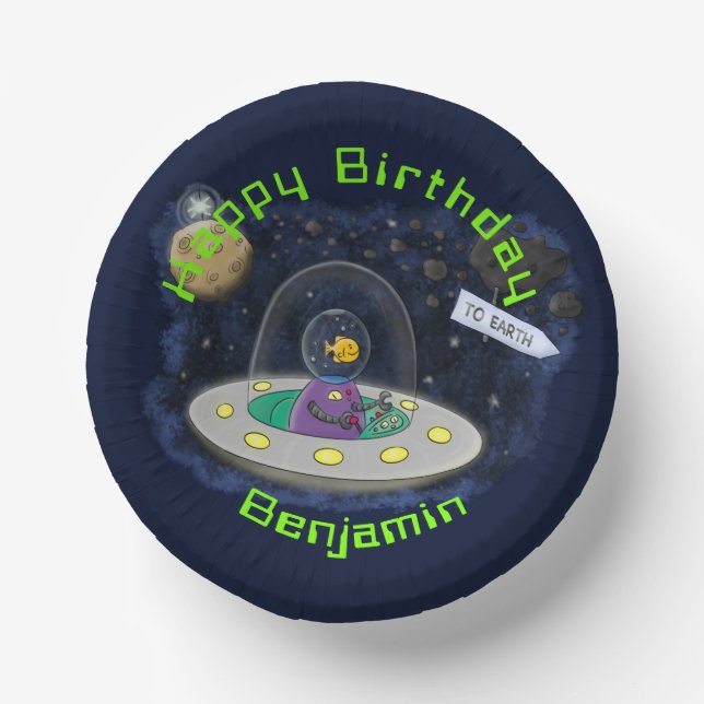 Funny fish UFO space ship cartoon illustration Paper Plate (Front)