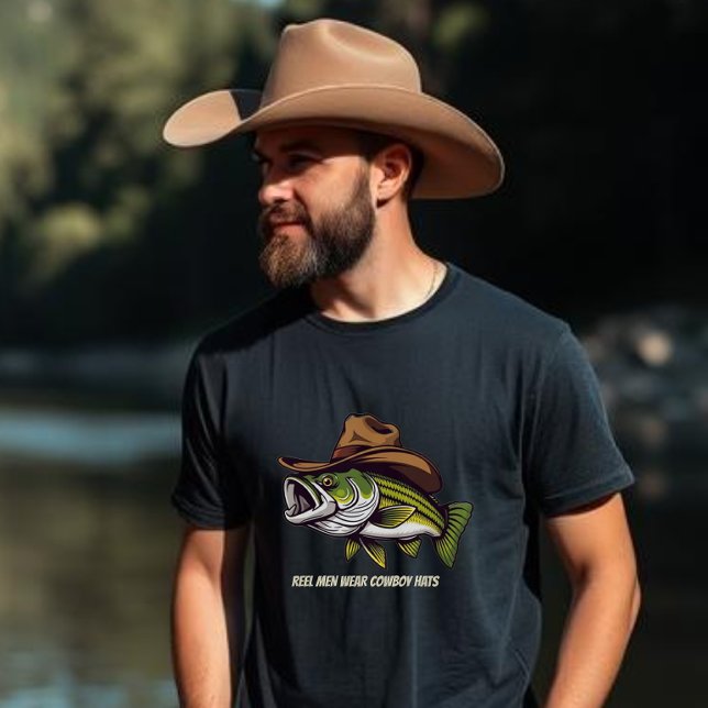 Funny-Fish Wearing a Cowboy Hat-T-Shirt T-Shirt (Bass Fish with a Cowboy Hat, Fisherman Style Fathers Day Birthday For him)