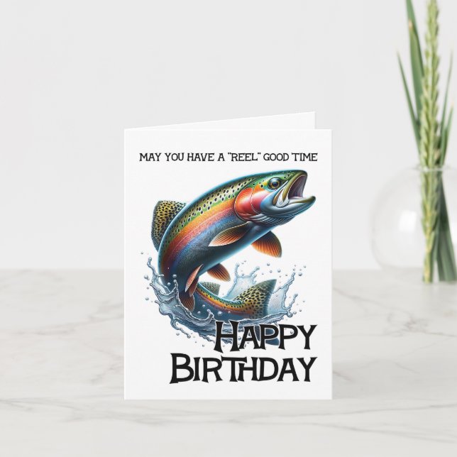 Funny Fisherman Birthday Card with Trout (Front)