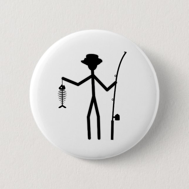 Funny Fisherman Stick Figure Holding Fish Bones 6 Cm Round Badge (Front)