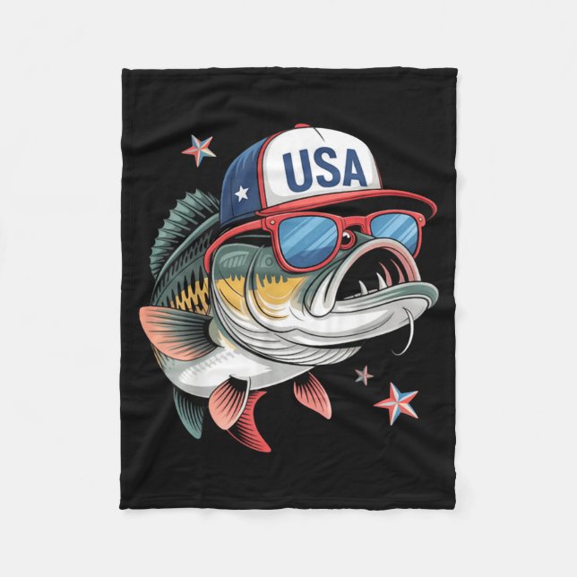 Funny Fishing &amp; Fisherman Gift American Flag  Fleece Blanket (Front)