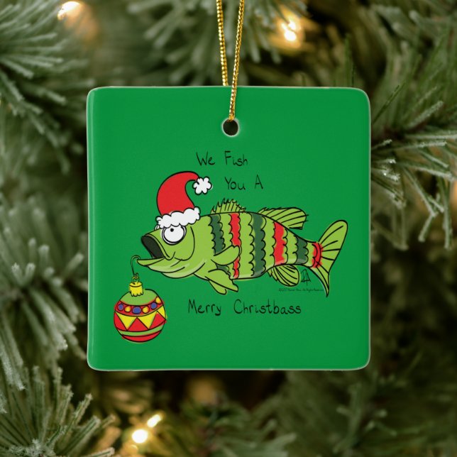 Funny Fishing Christmas Bass Fish Cute Cartoon Ceramic Ornament (Tree)