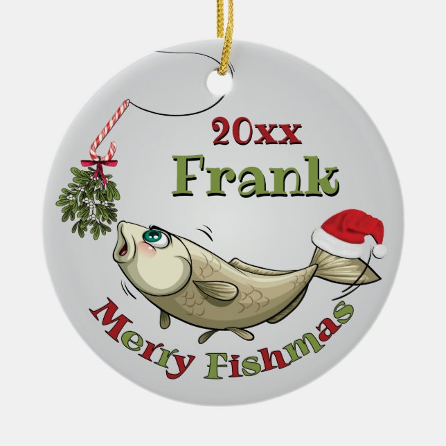 Funny Fishing Christmas - Merry Fishmas Mistletoe Ceramic Tree Decoration (Front)