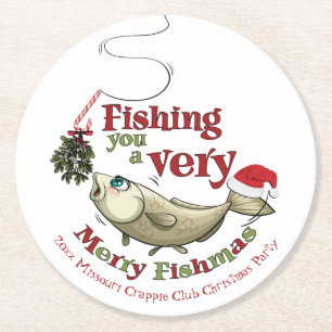 Funny Fishing Christmas - Merry Fishmas Mistletoe Round Paper Coaster