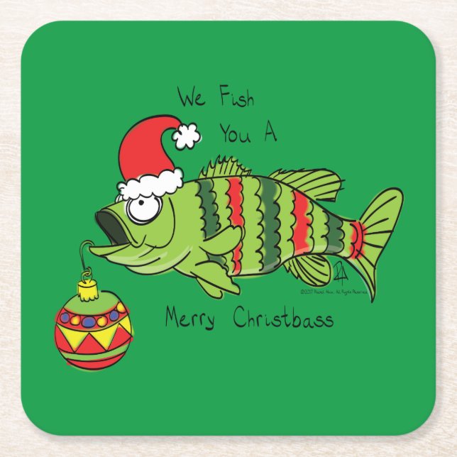 Funny Fishing Christmas Square Paper Coaster (Front)