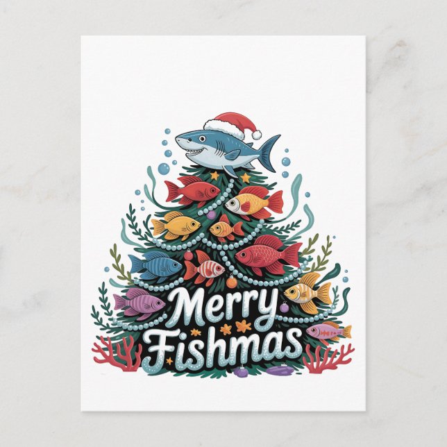 Funny Fishing Christmas Tree Fish Fisher Lover  Announcement Postcard (Front)