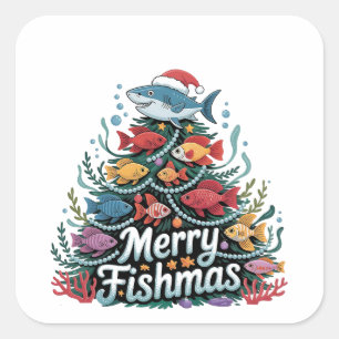Funny Fishing Christmas Tree Fish Fisher Lover  Square Sticker