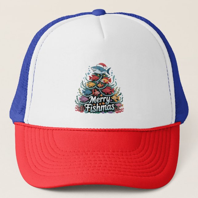 Funny Fishing Christmas Tree Fish Fisher Lover  Trucker Hat (Front)