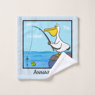 Funny fishing pelican cartoon bath towel set