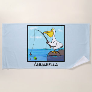 Funny fishing pelican cartoon beach towel