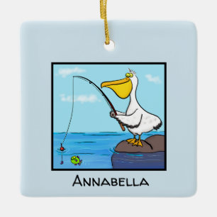 Funny fishing pelican cartoon ceramic ornament