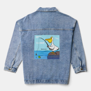 Funny fishing pelican cartoon denim jacket