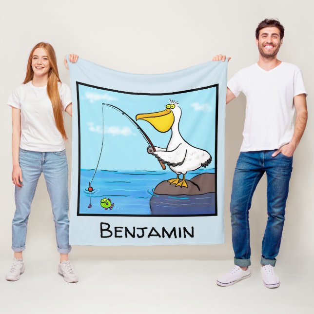 Funny fishing pelican cartoon fleece blanket (In Situ)