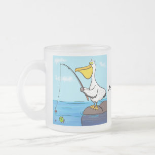 Funny fishing pelican cartoon frosted glass coffee mug
