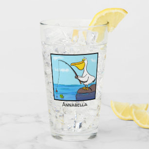 Funny fishing pelican cartoon glass