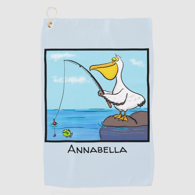 Funny fishing pelican cartoon golf towel (Front)