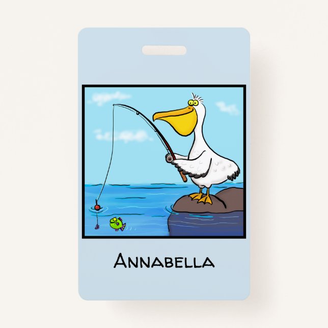 Funny fishing pelican cartoon ID badge (Front)