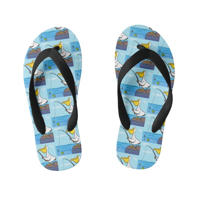 Funny fishing pelican cartoon kid's flip flops (Footbed)