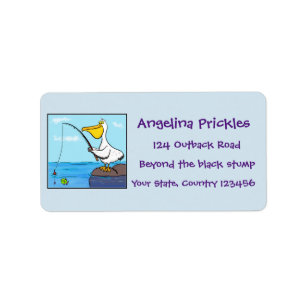 Funny fishing pelican cartoon label