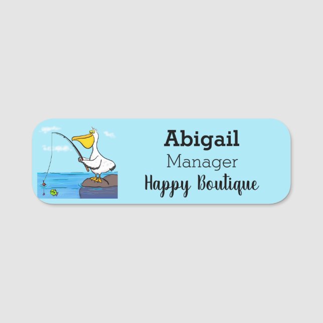 Funny fishing pelican cartoon name tag (Front)