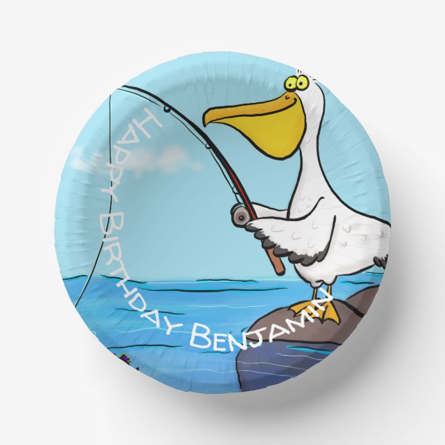 Funny fishing pelican cartoon paper plate (Front)