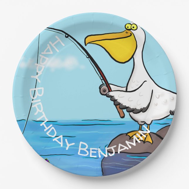 Funny fishing pelican cartoon paper plate (Front)