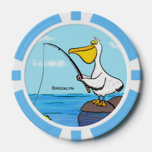 Funny fishing pelican cartoon poker chips