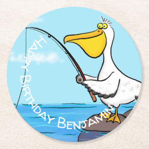 Funny fishing pelican cartoon round paper coaster