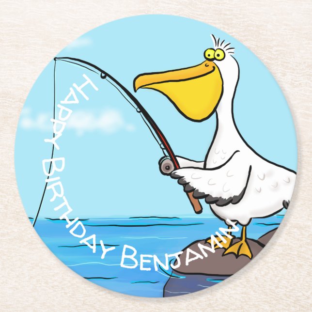 Funny fishing pelican cartoon round paper coaster (Front)