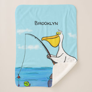 Funny fishing pelican cartoon  sherpa blanket