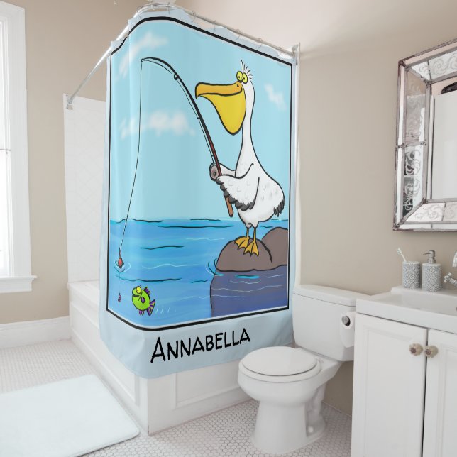 Funny fishing pelican cartoon shower curtain (In Situ)