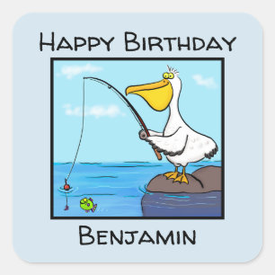 Funny fishing pelican cartoon square sticker