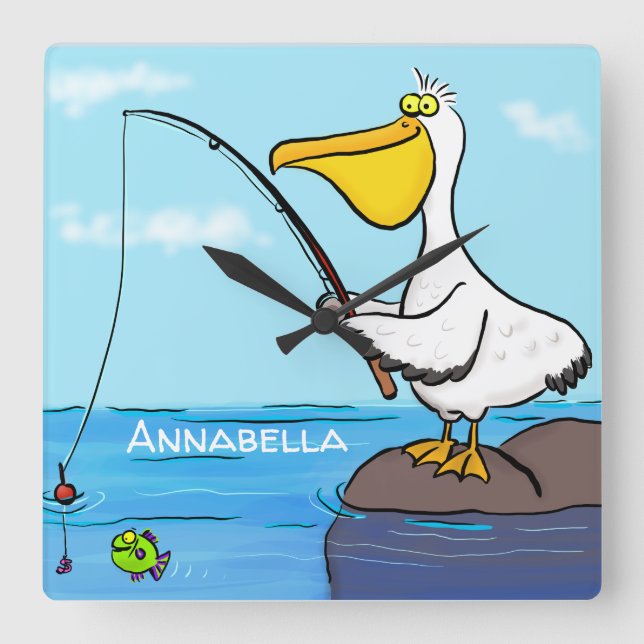 Funny fishing pelican cartoon square wall clock (Front)
