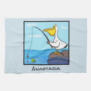 Funny fishing pelican cartoon tea towel