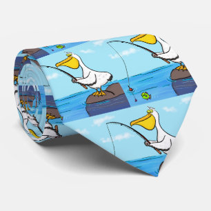 Funny fishing pelican cartoon tie