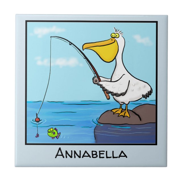 Funny fishing pelican cartoon tile (Front)