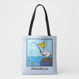 Funny fishing pelican cartoon tote bag