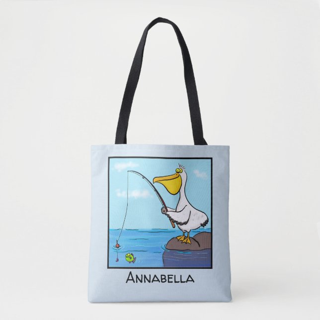 Funny fishing pelican cartoon tote bag (Front)